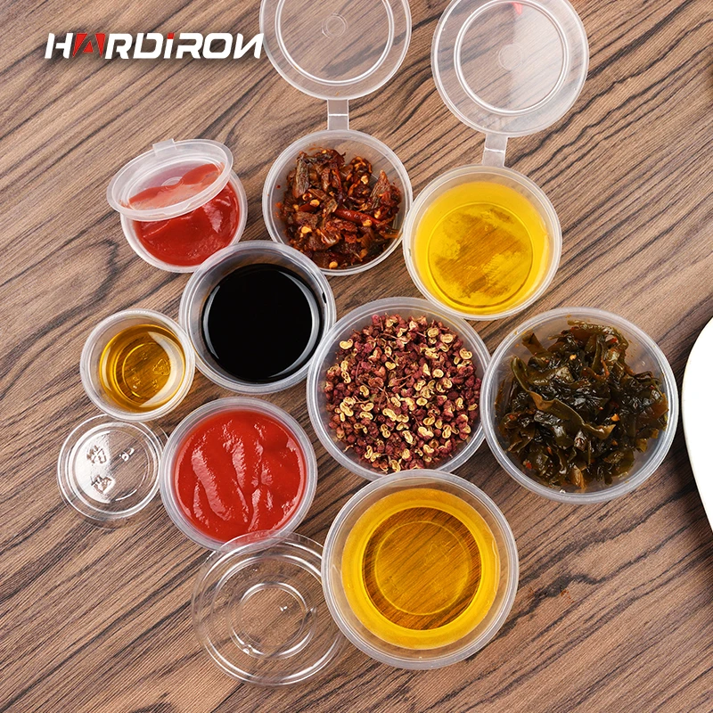 

HARDIRON 100 Set Disposable Round Transparent Small Sauce Seasoning Box With Lid Chutney Plastic Takeaway Soup Sealed Bowl