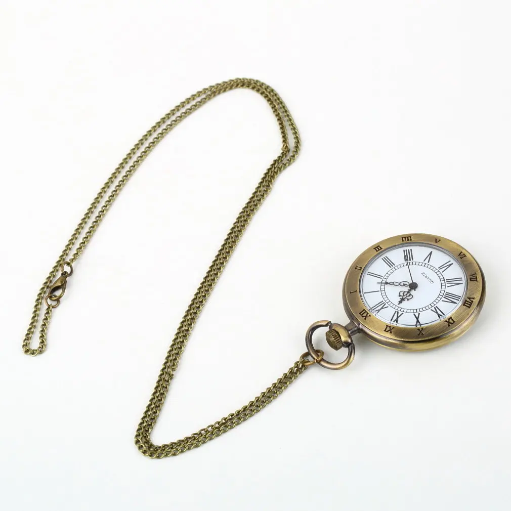 Vintage Bronze Roman Pocket Watch Antique Numerals Chain Necklace