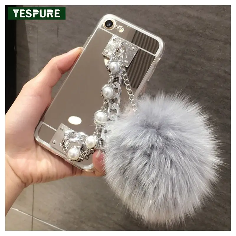 YESPURE Fancy Mirror Fur Ball Cover For Iphone 6/6S Metal Pearl Chain Bracelet Mobile Phone Case Cheap Accessories - AliExpress