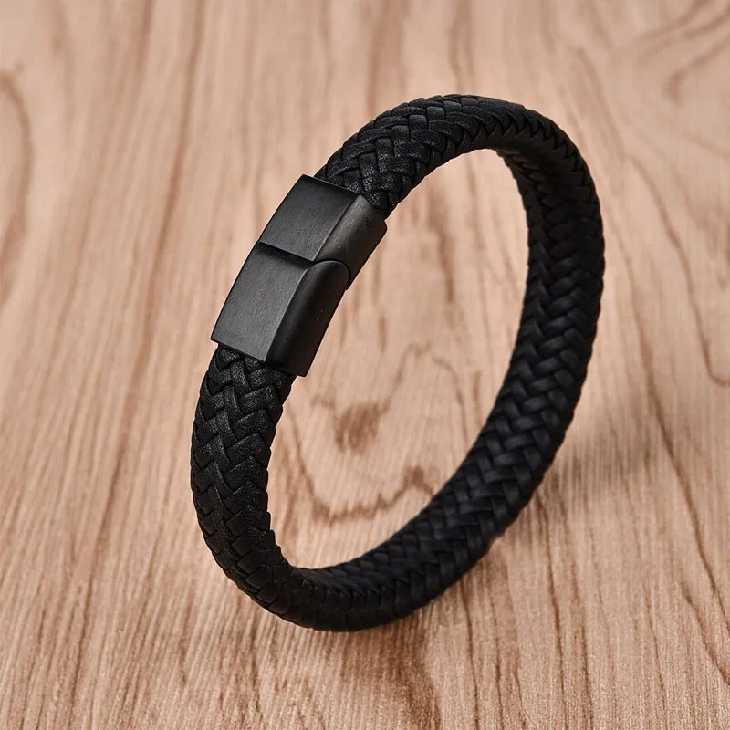 

Punk Men Jewelry Braided Handmade Leather Bracelet Stainless Steel Magnetic Clasp Fashion Bangles 21cm Biker Accessory Gift