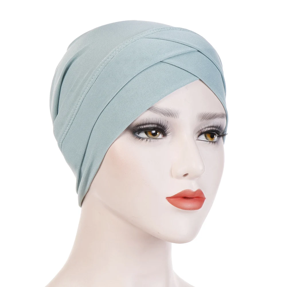 Bohemian Hijab Caps Muslim Women Solid Color Scarf Sun Protection Cap Muslim Multifunctional Turban Ramadan High Quality - Цвет: mint green