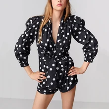 Летний Пляжный женский комбинезон, Повседневный, в горошек, с поясом, декоративный, с длинным рукавом, шорты, комбинезон