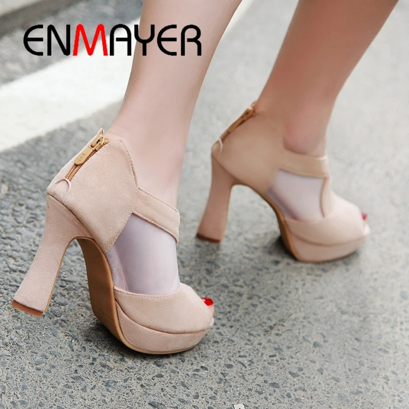 

ENMAYER 2019 New Arrival Flock Platform High Super Summer Sandals Basic Party Zip Solid Women Fashion Shoes Size 34-43 LY1903