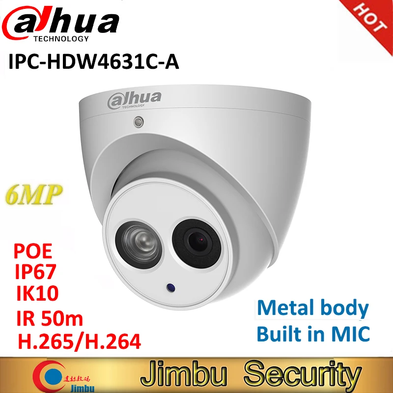 IPC-HDW4631C-A Dahua IP Camera  6MP Full Metal Body H.265 Built-in  IR50m MIC  IK10 IP67 CCTV Dome Security Camera HDW4631C-A