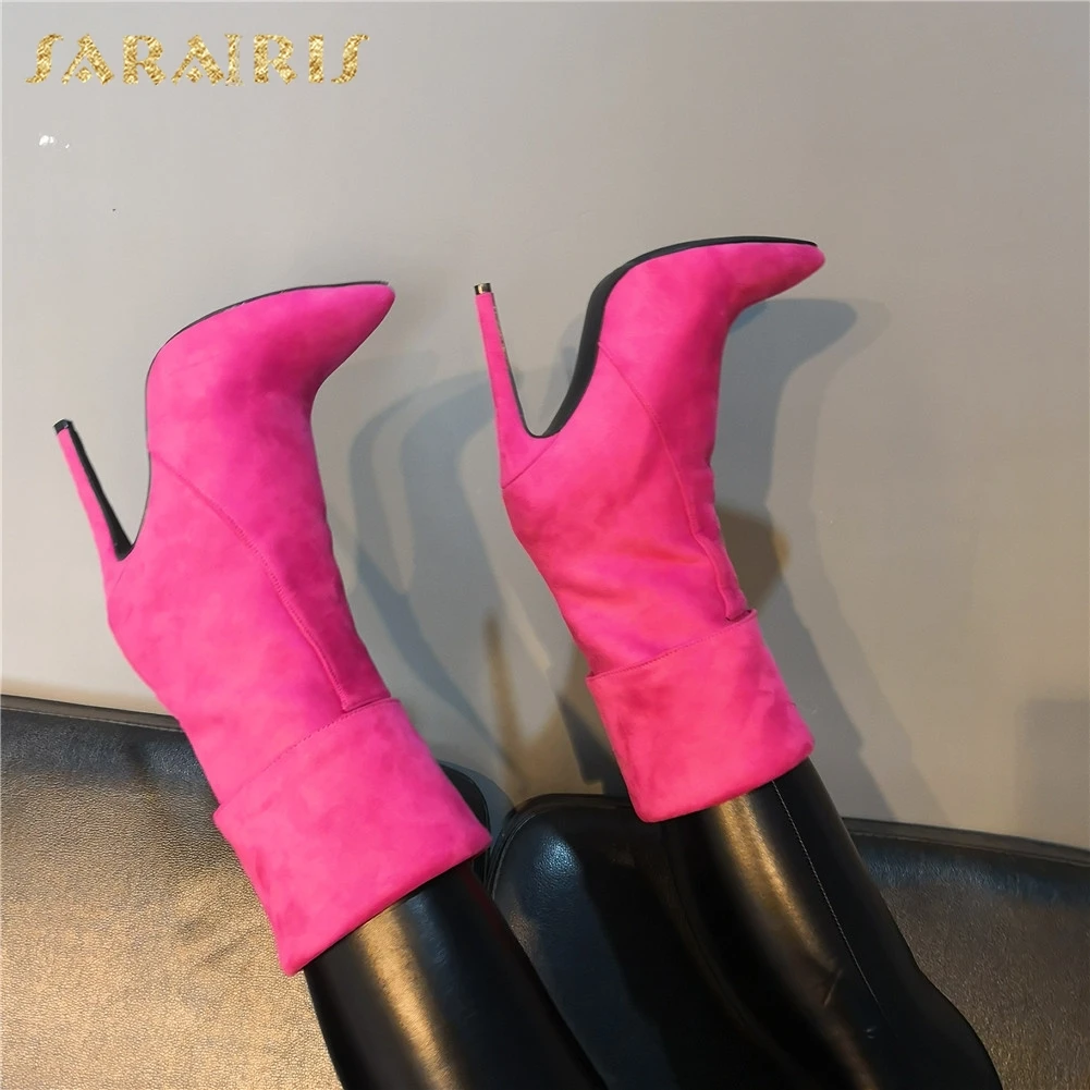 

Sarairis Brand Design Big Size 34-47 Flock Women Shoes Woman Sexy Pointed Toe High Heels Party Shoes Women Ankle Boots