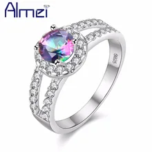 Almei Ring Silver Color Fashion Crystal With White Big Stone Rainbow Mystic Rings For Women Bridal