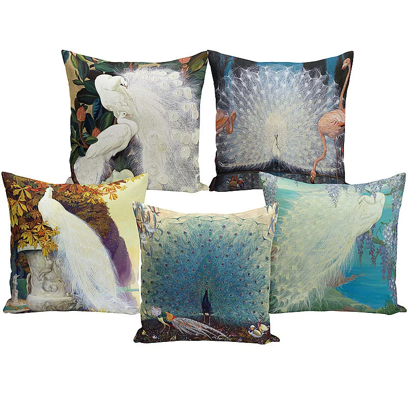 

Vintage Oil Painting Cushions Cover 45x45cm Blue White Peacock Decorative Throw Pillows Case for Couch Home Sofa Home Decor
