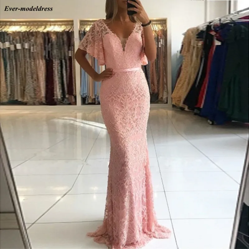 

Chic Blush Pink Mermaid Lace Prom Dresses With Sleeves Backless Formal Party Gowns vestidos graduacion mujer 2019