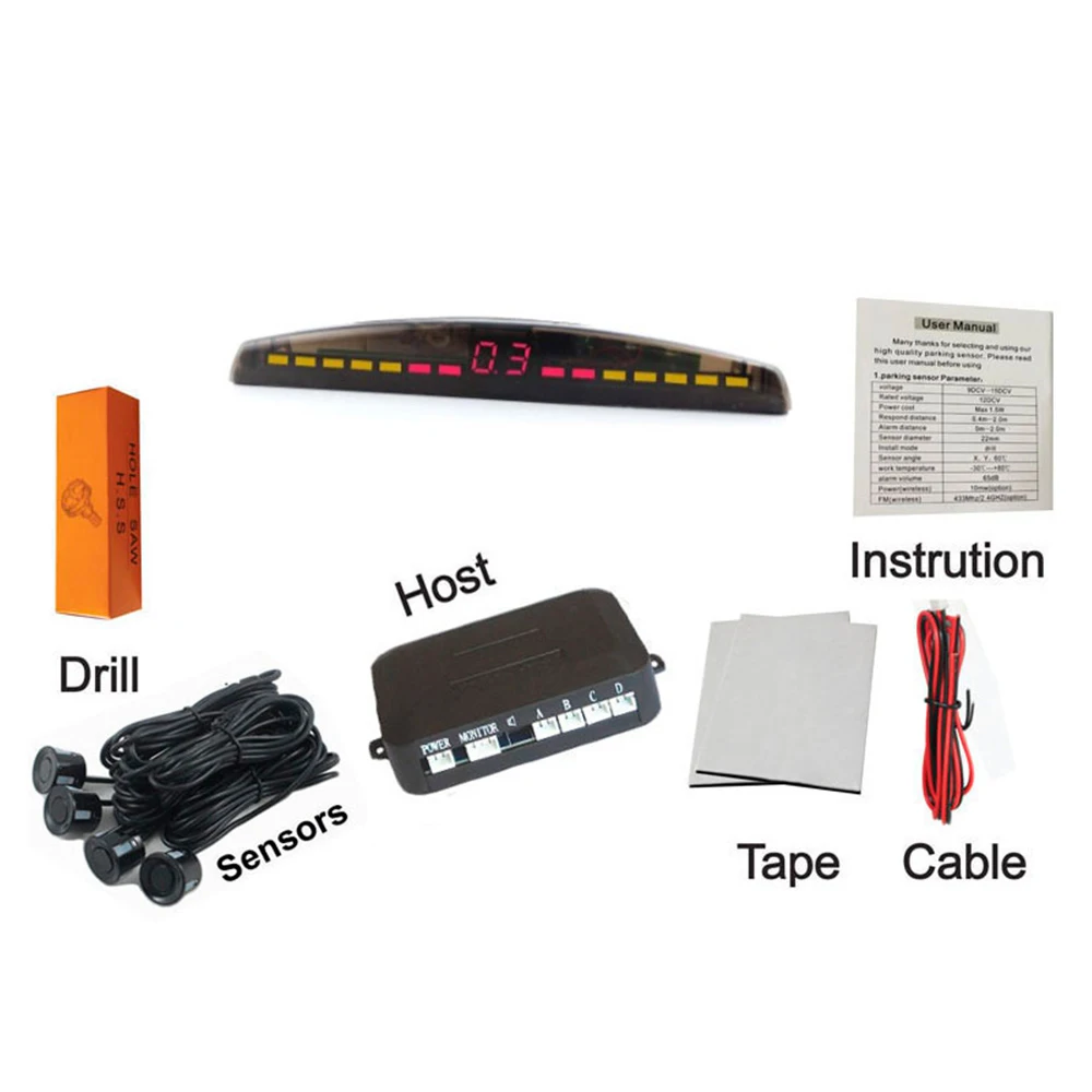 Eunavi Car LED Parking Sensor Kit 4 Sensors 22mm Backlight Display Reverse Backup Radar Monitor System 12V