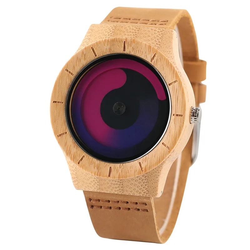 Casual Men Women Wooden Watch Novel Vortex Non-pointer Sport Bamboo Wristwatch Geek Concept Young People Wood Clock Cool Gifts (17)
