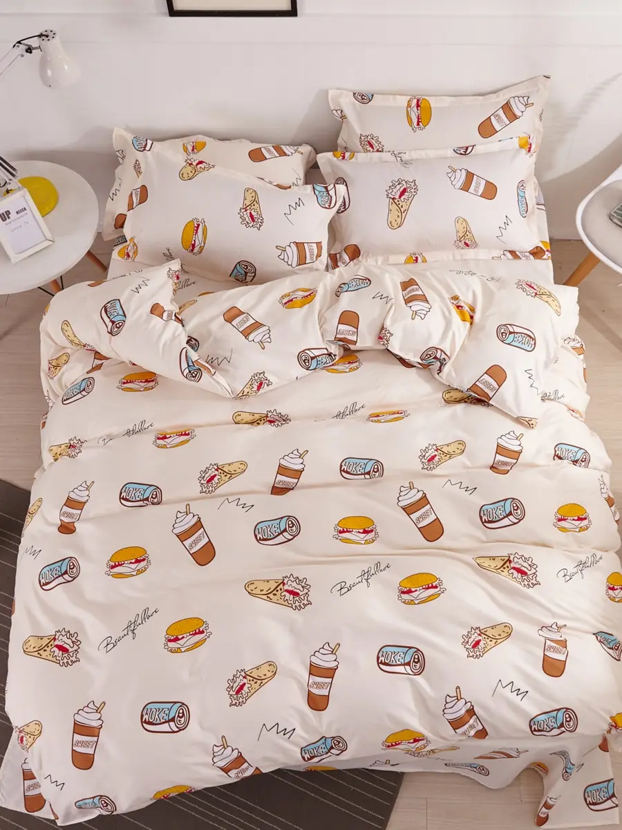 

3/4Pcs Bed Sheet Set Cartoon Food Pattern Fashion Comfy Soft Bedding Set
