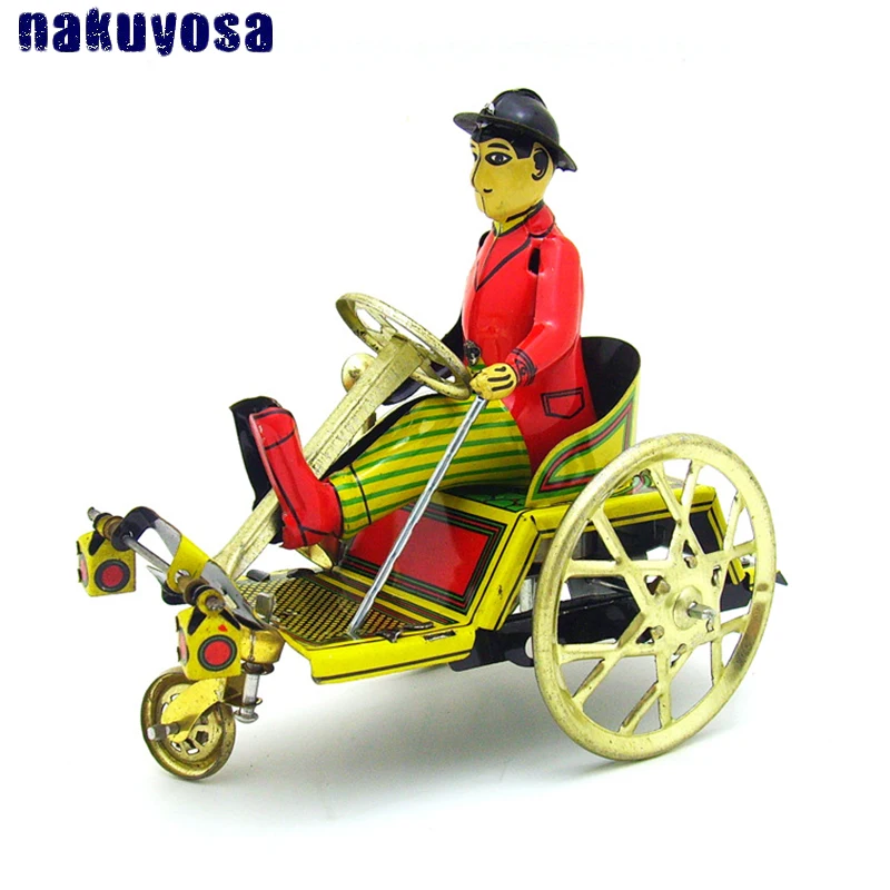 

Collection Antique Style Clockwork Spring Tin Toys Metal Man Riding Tricycle Mechanical Toy Figures Mode Kids Gift