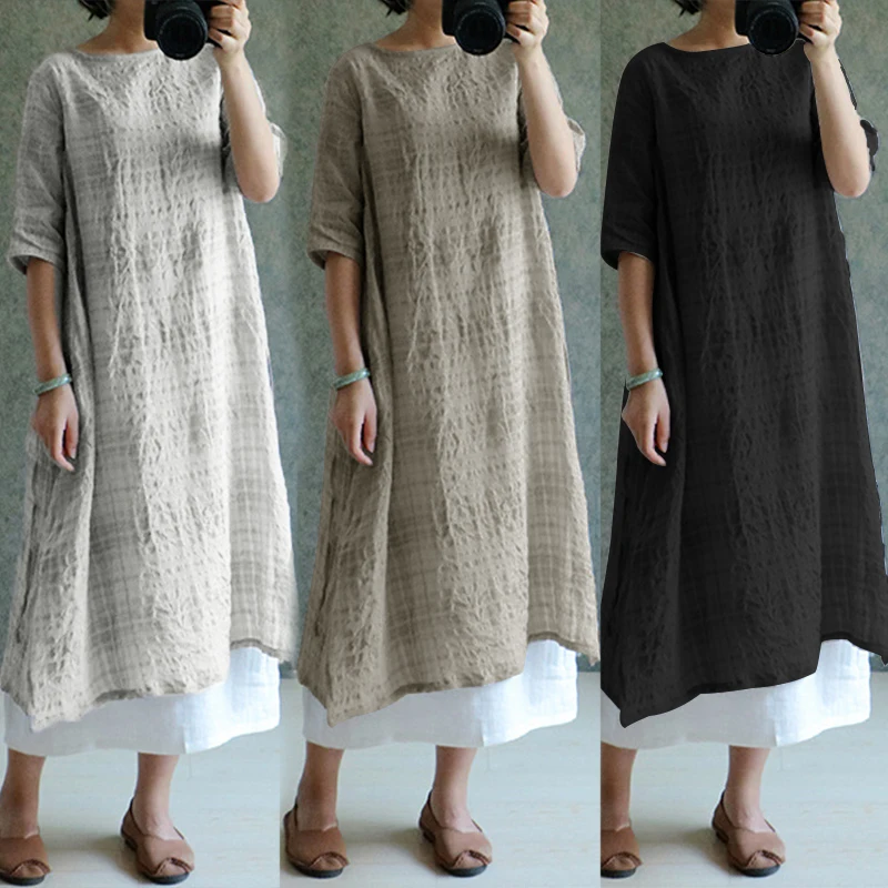 

ZANZEA Summer Dress 2019 Women Vintage Plaid Linen Dresses Women Clothes Ladies Casual Loose Sundress Vestidos Plus Size S-5XL