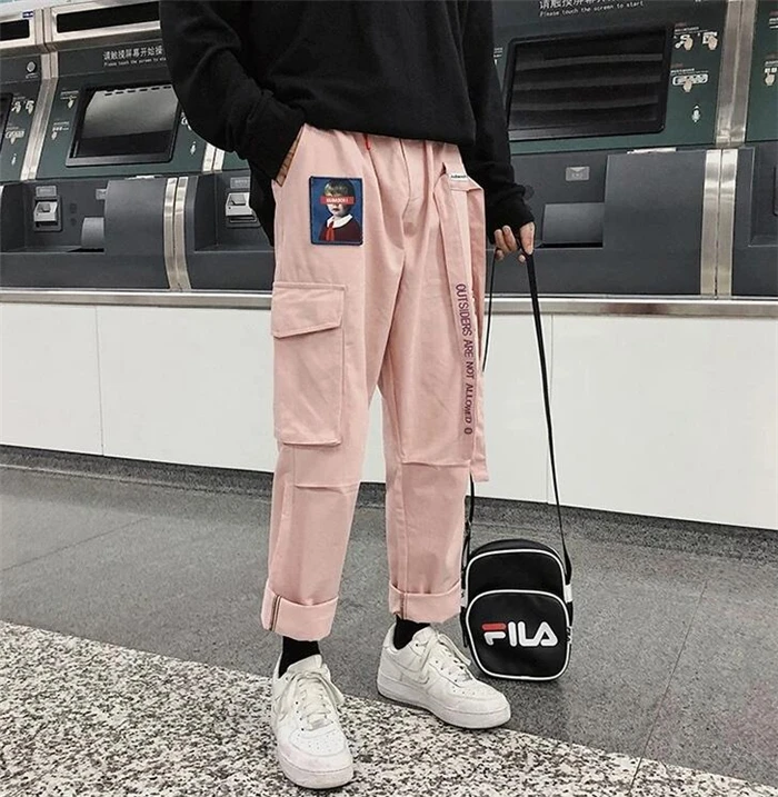 2019 прямой цилиндр шаровары розовые брюки мужские s повседневные мешковатые джоггеры лента тактические брюки Harajuku уличная хип-хоп брюки