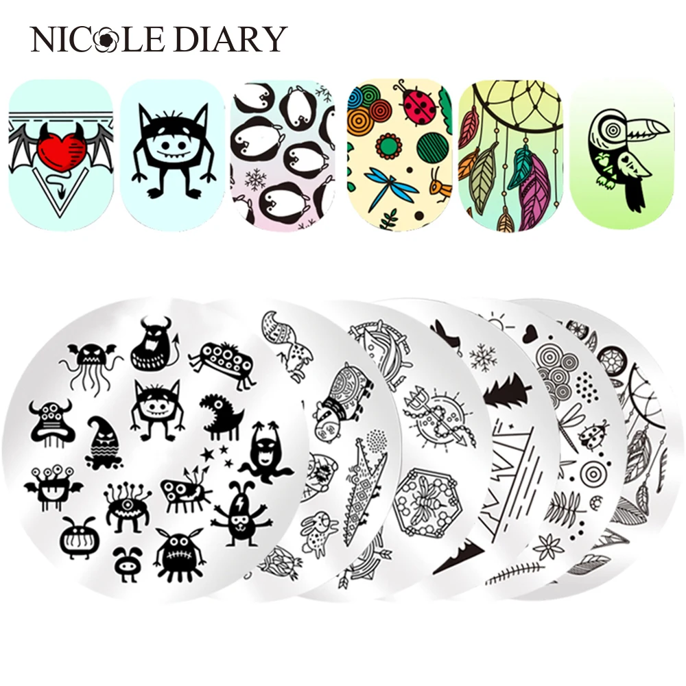

Monster Ghosts Round Stamping Plate Swan Ballet Flower Butterfly Lips Stamp Template Manicure Nail Art Image Plate