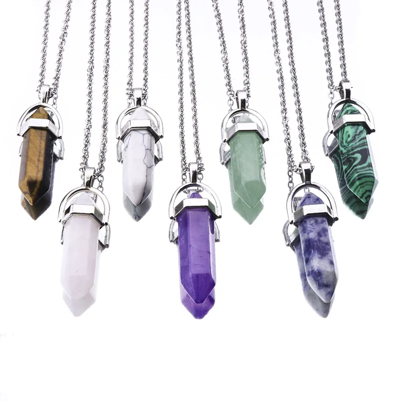 

Round Cross Natural Stone Tiger Eye Quartz Pendant Necklace Stainless Steel Chain Opal Blue Pink Crystal Necklace