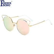 FOENIXSONG Marca Niñas Rosa Ojo de Gato Gafas de Sol Mujeres gafas de Sol Del Marco Del Oro de Las Señoras Redondas de La Vendimia gafas de Sol Oculos Feminino