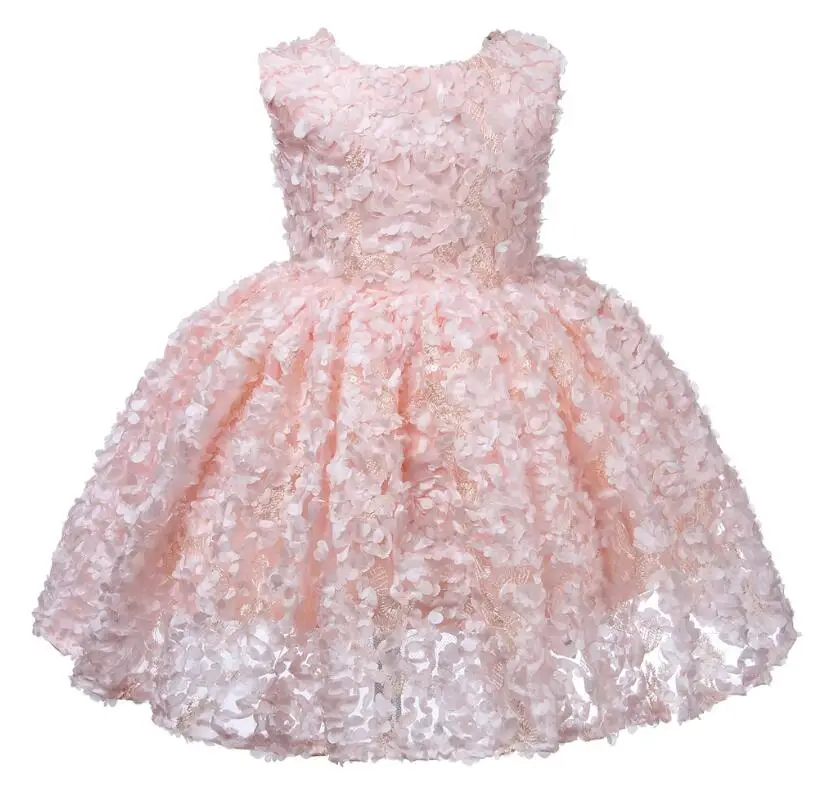 Элегантное летнее платье для девочек с аппликацией в виде цветка; праздничное платье принцессы без рукавов; свадебное платье; детское платье для первого причастия - Цвет: Розовый