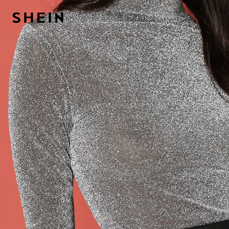 SHEIN серая Блестящая футболка с воротником стойкой современная Женская