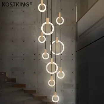 

Modern LED chandelier ceiling Nordic living room pendant lamps bedroom Acrylic rings fixtures stair lighting Wood hanging lights