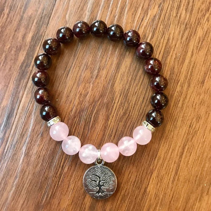

Rose Quartzs Beaded Bracelet Men 8mm Natural Stone Wrist Tree Of Life Yoga Energy healing Garnet Stone Boho Bracelet Women