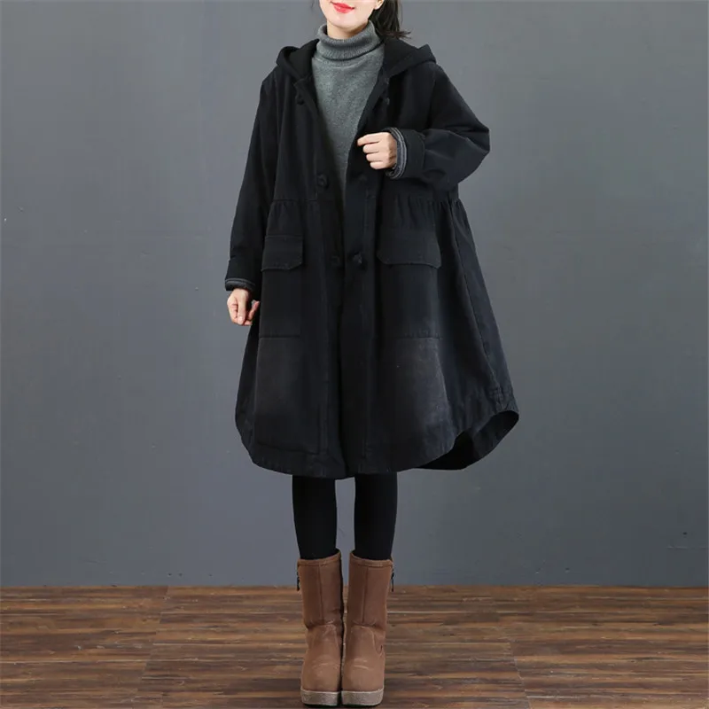 2019 New Women Denim Jacket Elegant Color Matching Thicken Outerwear Large Size Loose Retro Three Buckles Hooded Coat Lj280