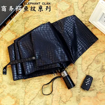 

2018 New fashion crocodile leather stripe business style high grade fully automatic sunny and rainy folding umbrella