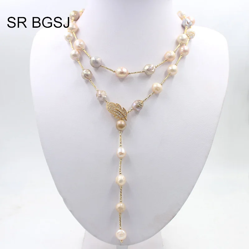 Free Shipping Women Jewelry Freeform Lavender Edsion FW Pearl Beads Brass Drop Leaf Rope Sweater Necklace 9-10mm 36&quot |