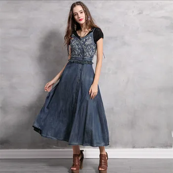 

WSYORE Women Slip Dress 2019 New Summer Autumn Embroidered Denim Dress Vintage Waist Strap Tassel Long Dresses NS1143