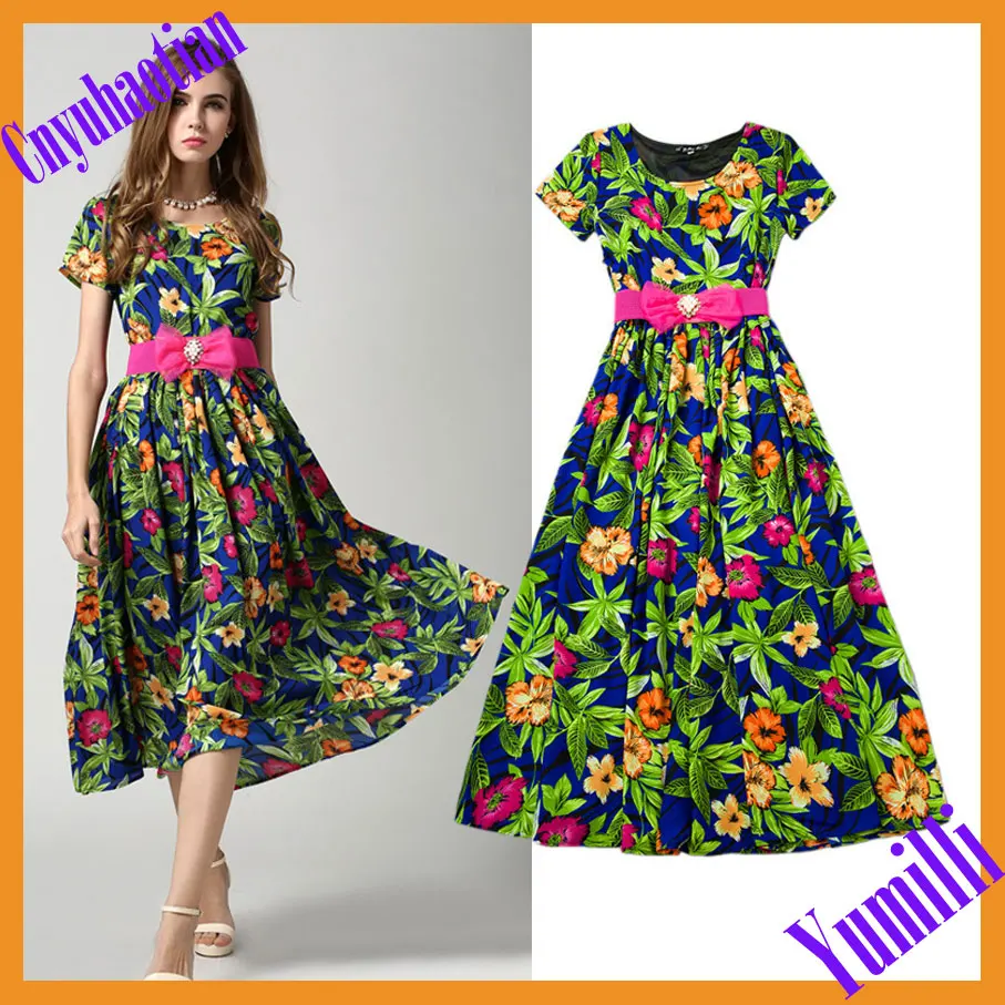 New 2015 Fashion Summer Dress Flower Print Chiffon Dresses Short Sleeve