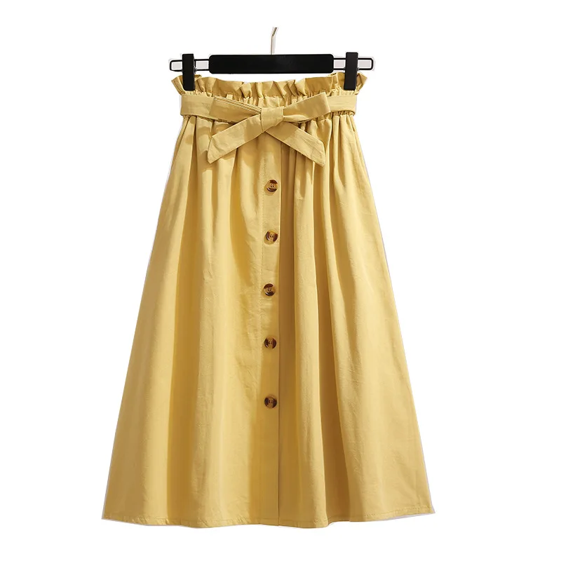 Однотонная Хлопковая женская юбка с одной пряжкой и бантом на лето, облегающая черная юбка в стиле ретро, женская желтая юбка до колена с карманами на поясе