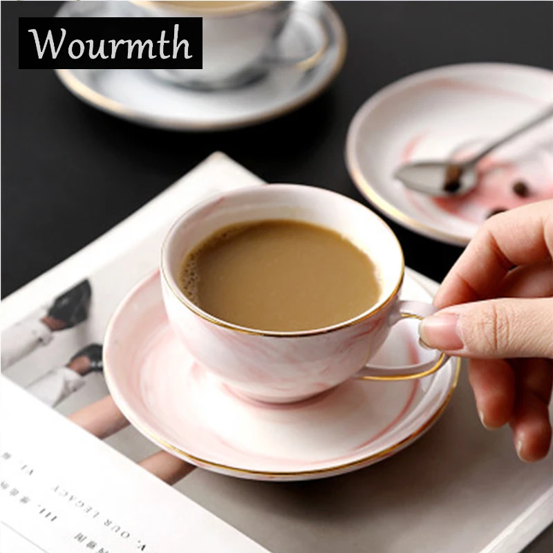 WOURMTH Европейский мраморный узор золотой край керамическая пара чашка для завтрака кофейная чашка и молочная чашка розовый и серый