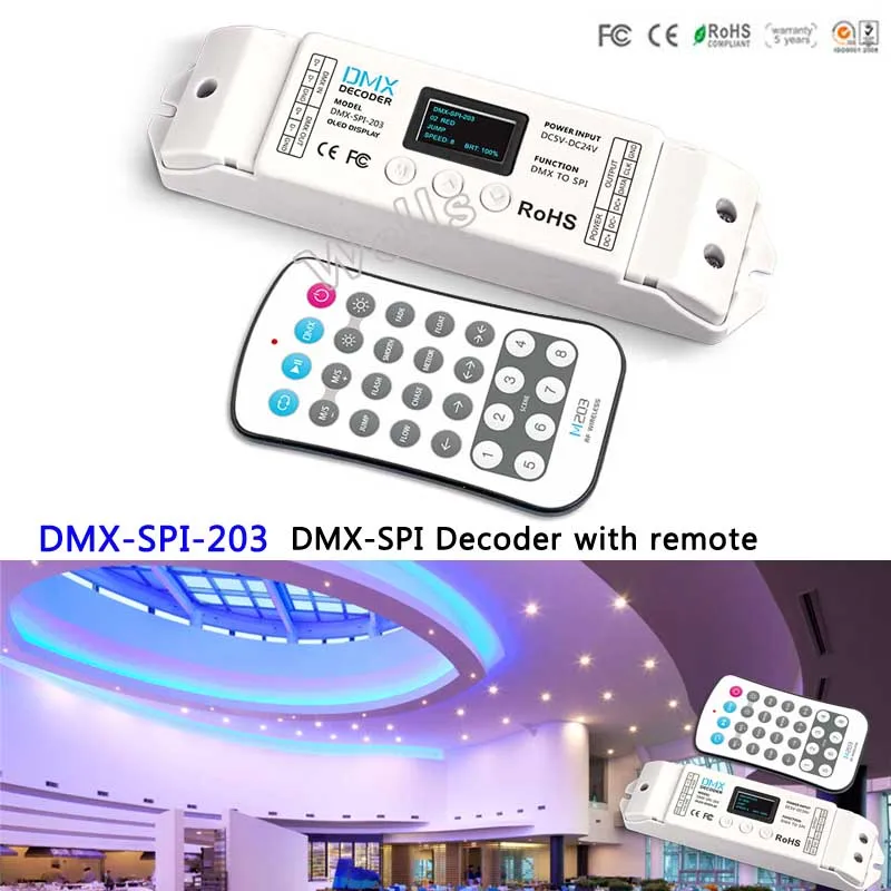

DMX-SPI-203;with remote led DMX to SPI(TTL) signal Controller Decoder 1024 Pixels for LPD6803/WS2811/WS2812B/LPD6803 LED Strip
