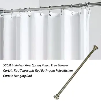 

50/80CM Stainless Steel Curtain Hanging Rod Spring Free Drilling Punch Shower Curtain Rod Telescopic Rod for Bathroom Kitchen