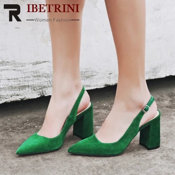 

RIBETRINI Women Shoes Kid Suede High Heels Pointed Toe Slingbacks Thick High Heel Pumps Summer Lady Party Heels Shoes Woman