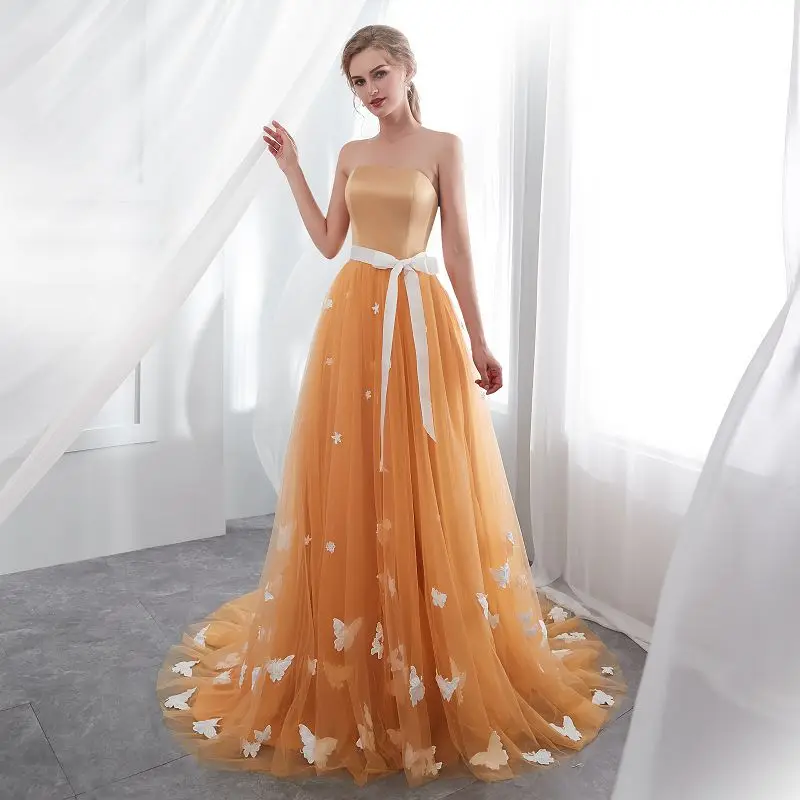 Vestido De Festa A-line Long Evening Dresses tulle cout train beauty strapless Prom Dresses Belt butterfly Vestido noiva 2018