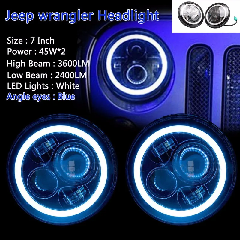 7inch LED Chrome Headlights Blue Halo Angle Eyes F 97-15 Jeep Wrangler JK LJ TJ zcxv