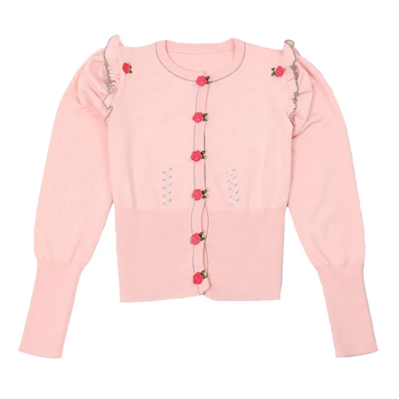 Sruilee Conception Cardigan Mignon Piste Pink Outwear Lurex Rose Printemps Haussement Femme En Mince Cardigans Tricot Boutons Douce Ruches Top rrTq4dzw