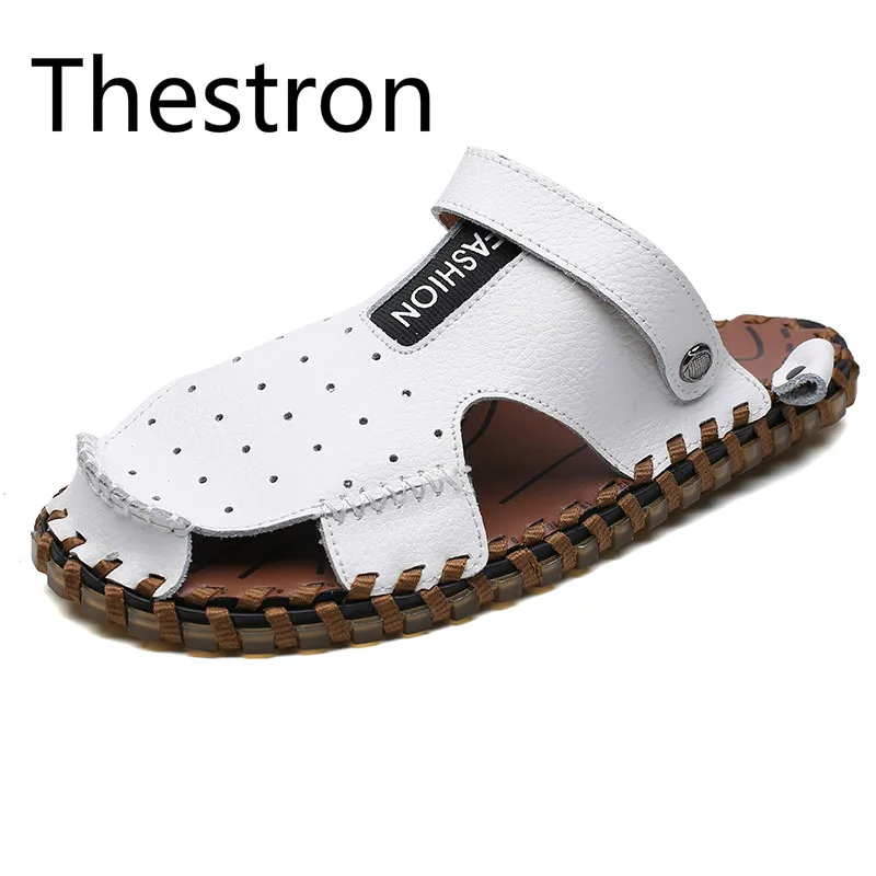 

Thestron Men Sandals Leather Sandals Mens Genuine Leather 2018 Summer New White Black Brown Male Outdoor Breathable Hole Shoes