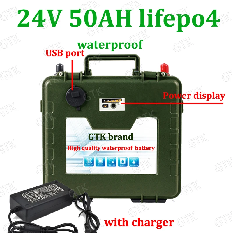 

waterproof 24V 50AH Lifepo4 chargeable with USB port BMS for Solar Energy fridge fan lamp Inverter fishing boat +5A Charger