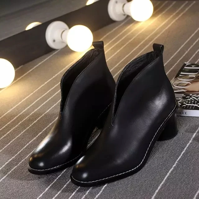 

2017 Women Ankle Boots V Open Med Heels 5cm Vintage 100% Cow Real Solf Genuine Leather Fashion famous Brand Red Black