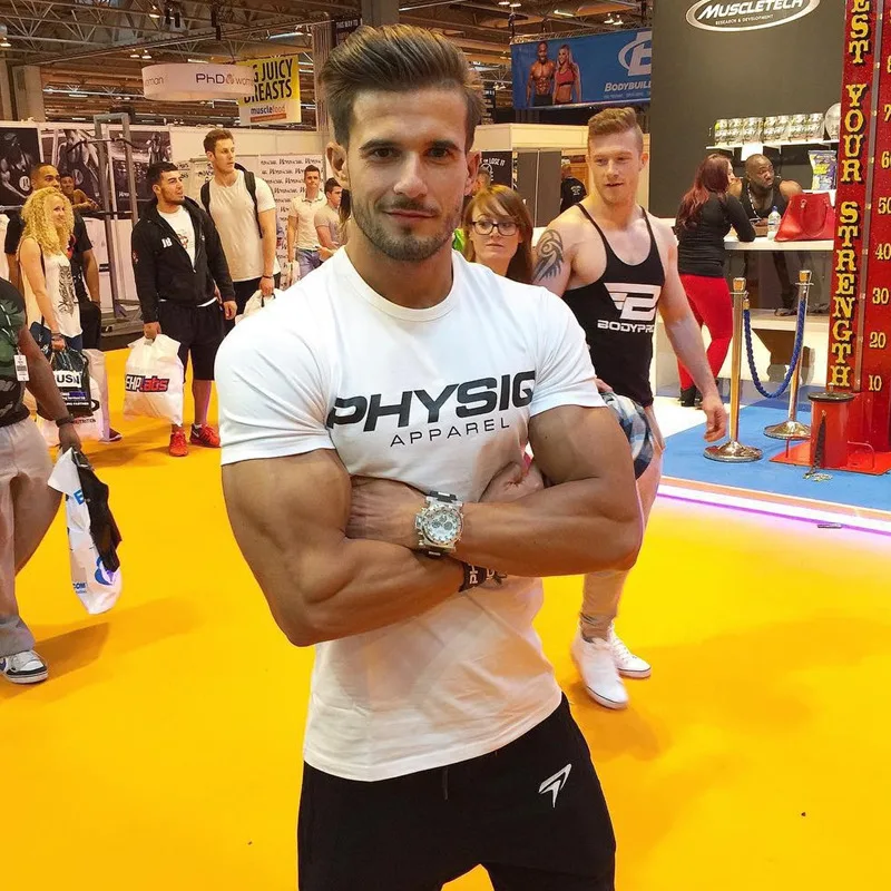 PHYSIQ العلامة التجارية الرجال القمصان القطنية الأزياء عارضة الجمنازيوم اللياقة البدنية كمال الاجسام تجريب قصيرة الأكمام المحملات الصيف نمط ا...