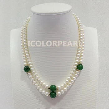 

WEICOLOR Elegant 43-48CM Two Strand 7-8mm Semiround White Natural Freshwater Pearl And Green Bead Necklace. Nice Gift !