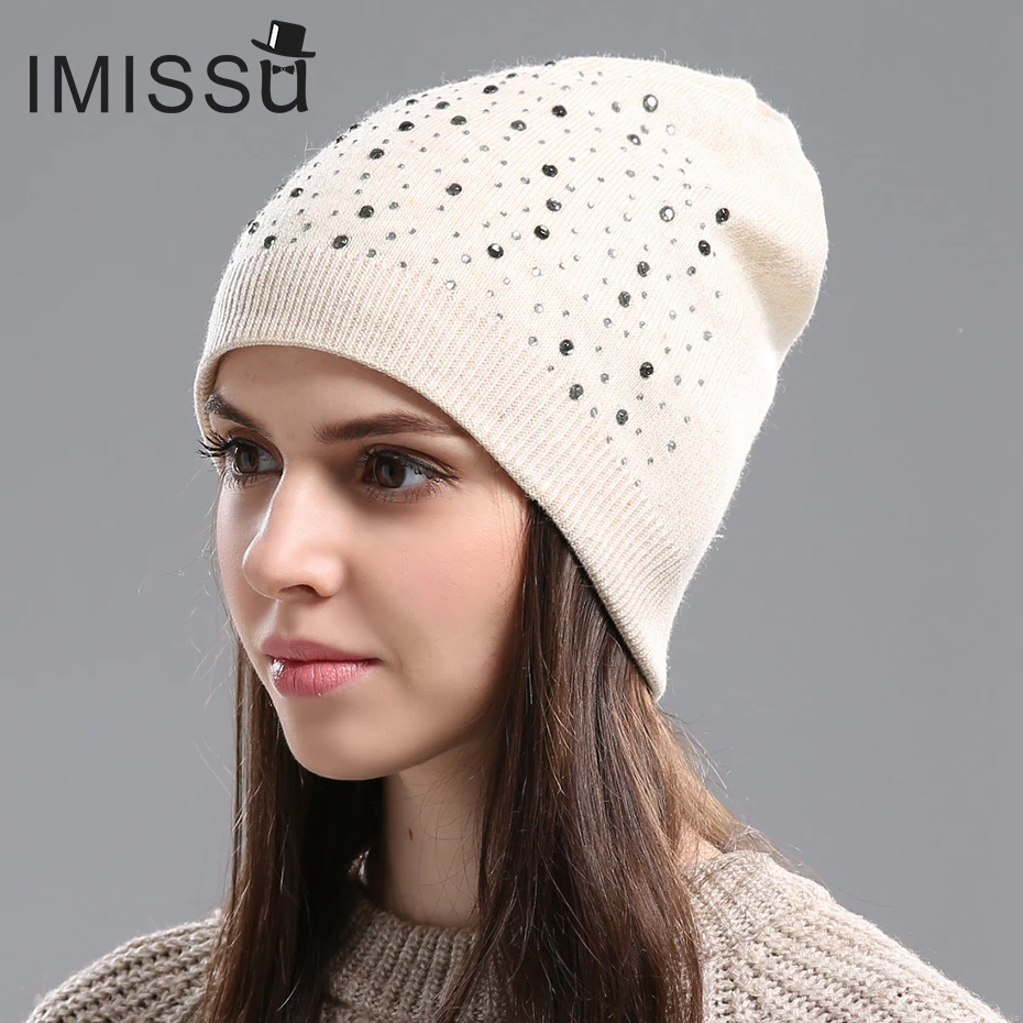 

IMISSU Autumn Winter Beanie Hat Women's Knitted Wool Skullies with Crystal Casual Cap Solid Color Winter Hats for Women