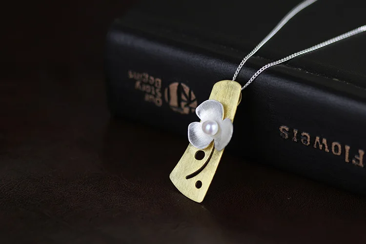 925 Sterling Silver Jewelry handmade two tone brushed silver and gold flower pendant with center pearl