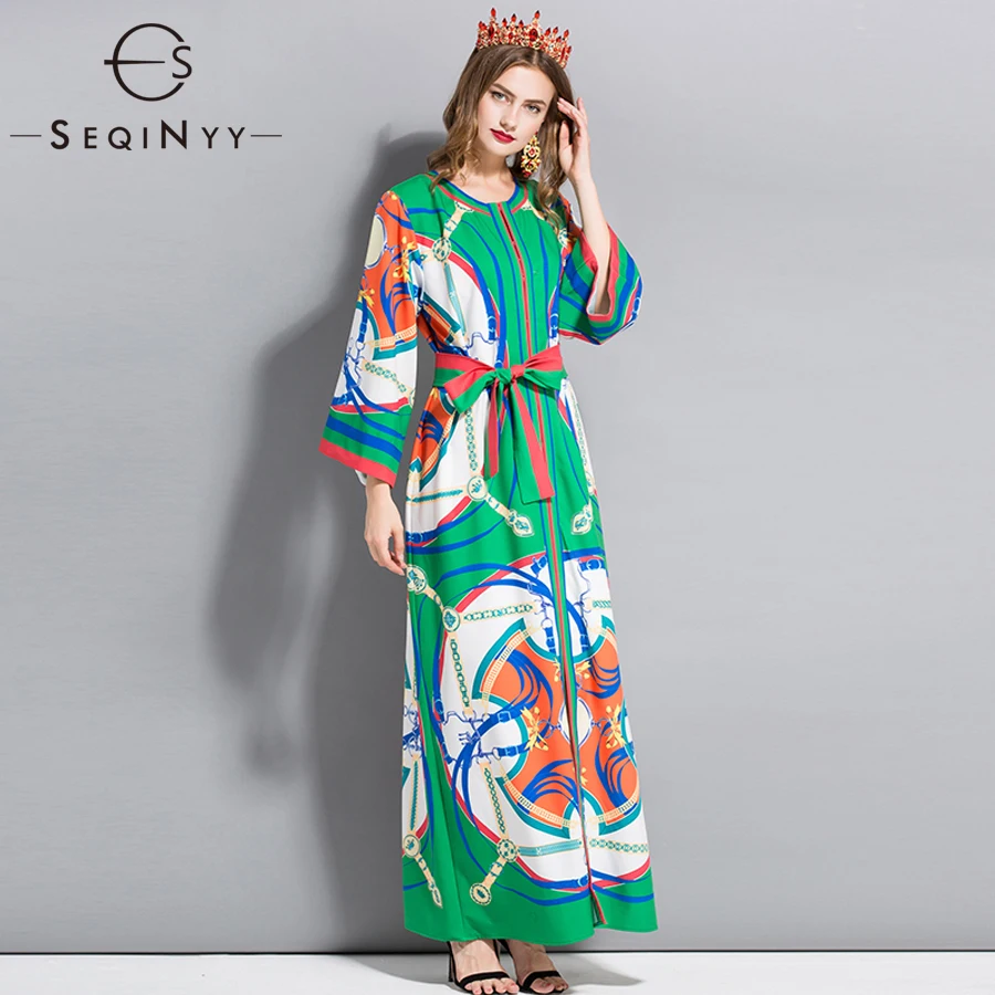 

SEQINYY Loose Dress 2019 Spring Autumn Woman's New Wrist Sleeve Printed High Street Sashes Splicing Ankle Length Straight Dress