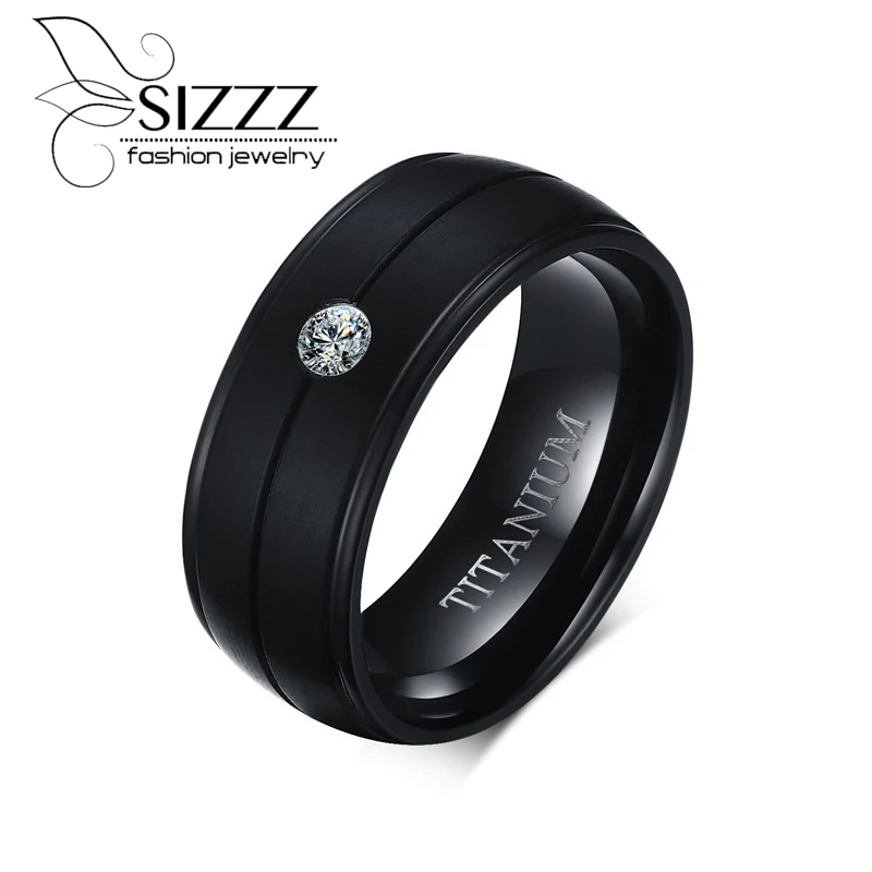 

SIZZZ Fashion titanium jewelry wholesale rhinestone black color ring For Men Size 8-12