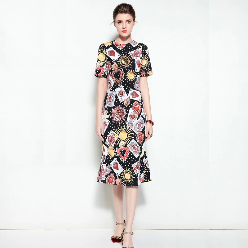 Customized Designer Runway Spring Summer Short Sleeves Dress Women's Elegant Printing Playing Cards Mid-Calf Dresses Vestito