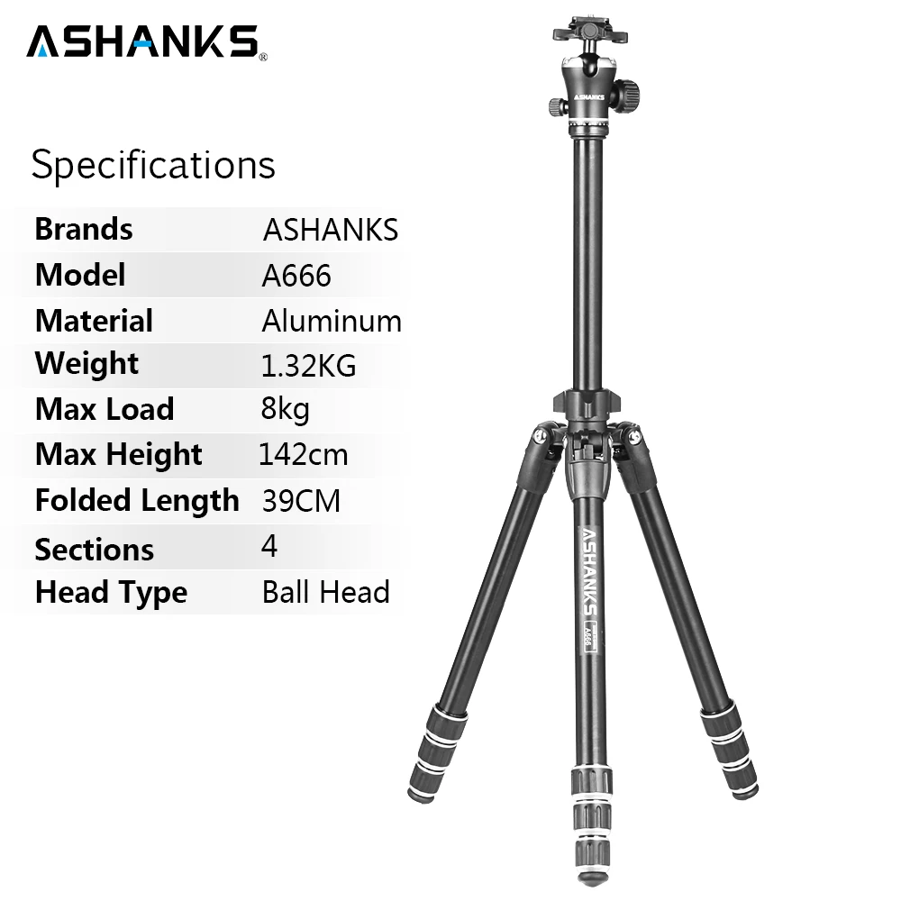 ASHANKS A666 штатив-Трипод для камеры 55,9 ''/142 см профессиональная видеокамера для путешествий, Трипод с алюминиевой шаровой головкой, компактный для цифровой SLR DSLR