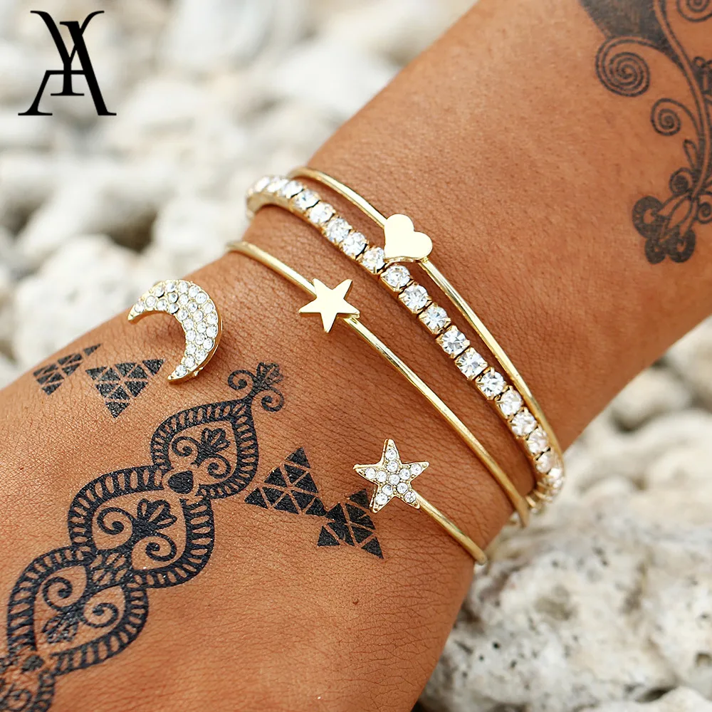 

AY Design Geometric Crystal Star Moon Bracelets Heart For Women Fashion Alloy Gold Color Bangles Jewelry Party Gifts 4 Pcs/Set